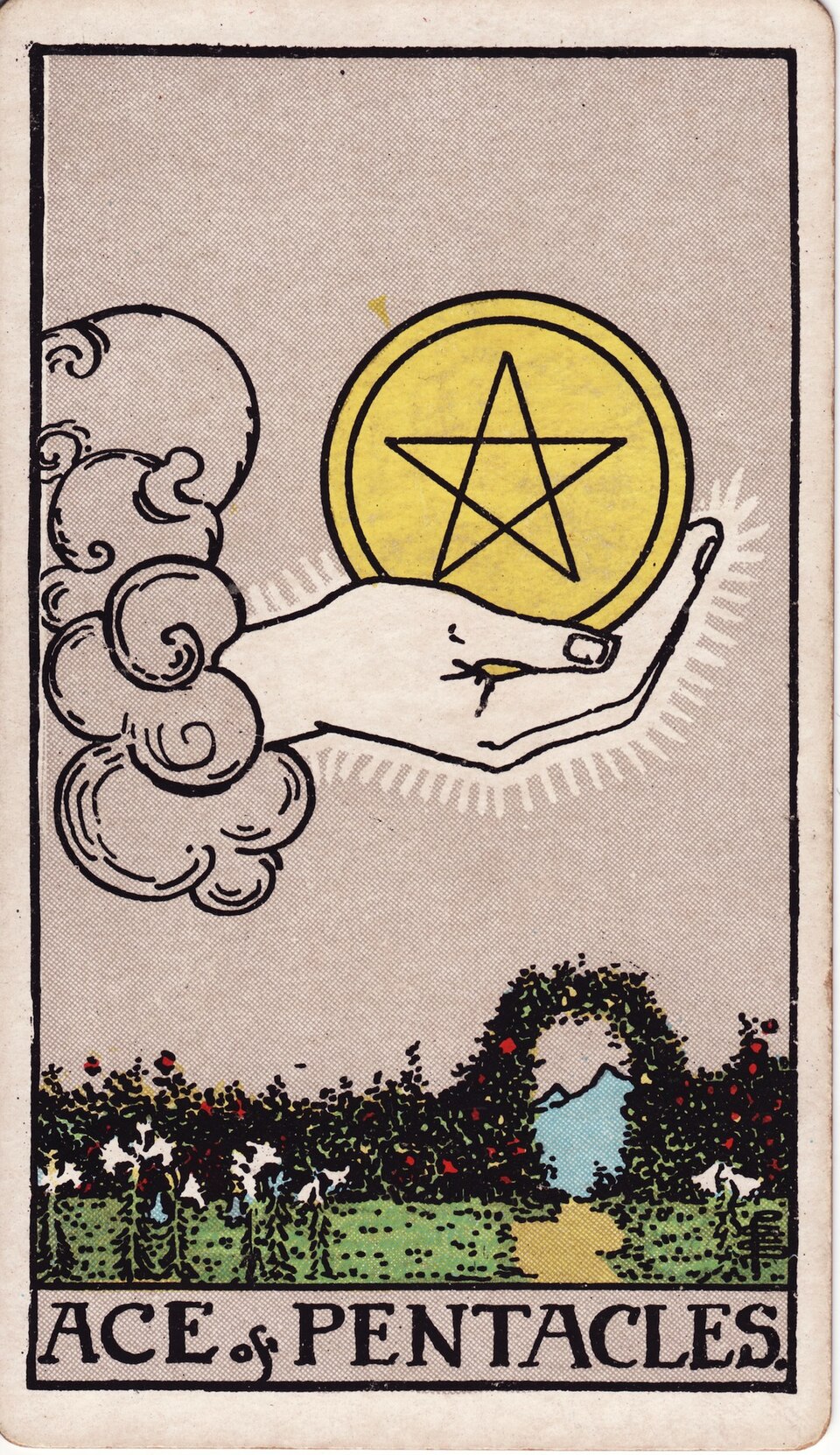 Ace (1) of Pentacles, from the Rider-Waite-Smith tarot