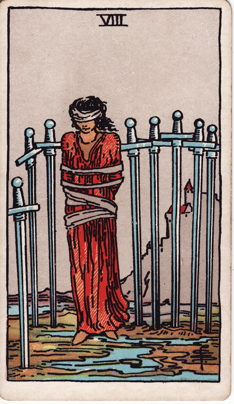 Eight (8) of Swords, from the Rider-Waite-Smith tarot