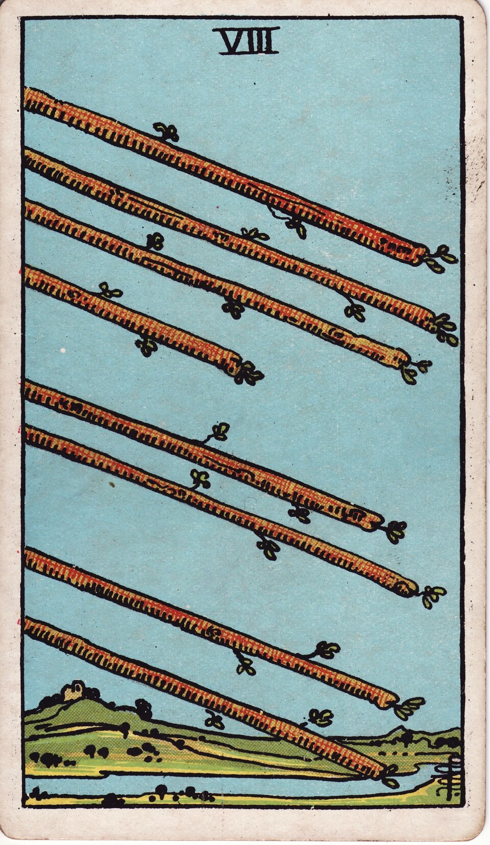 Eight (8) of Wands, from the Rider-Waite-Smith tarot