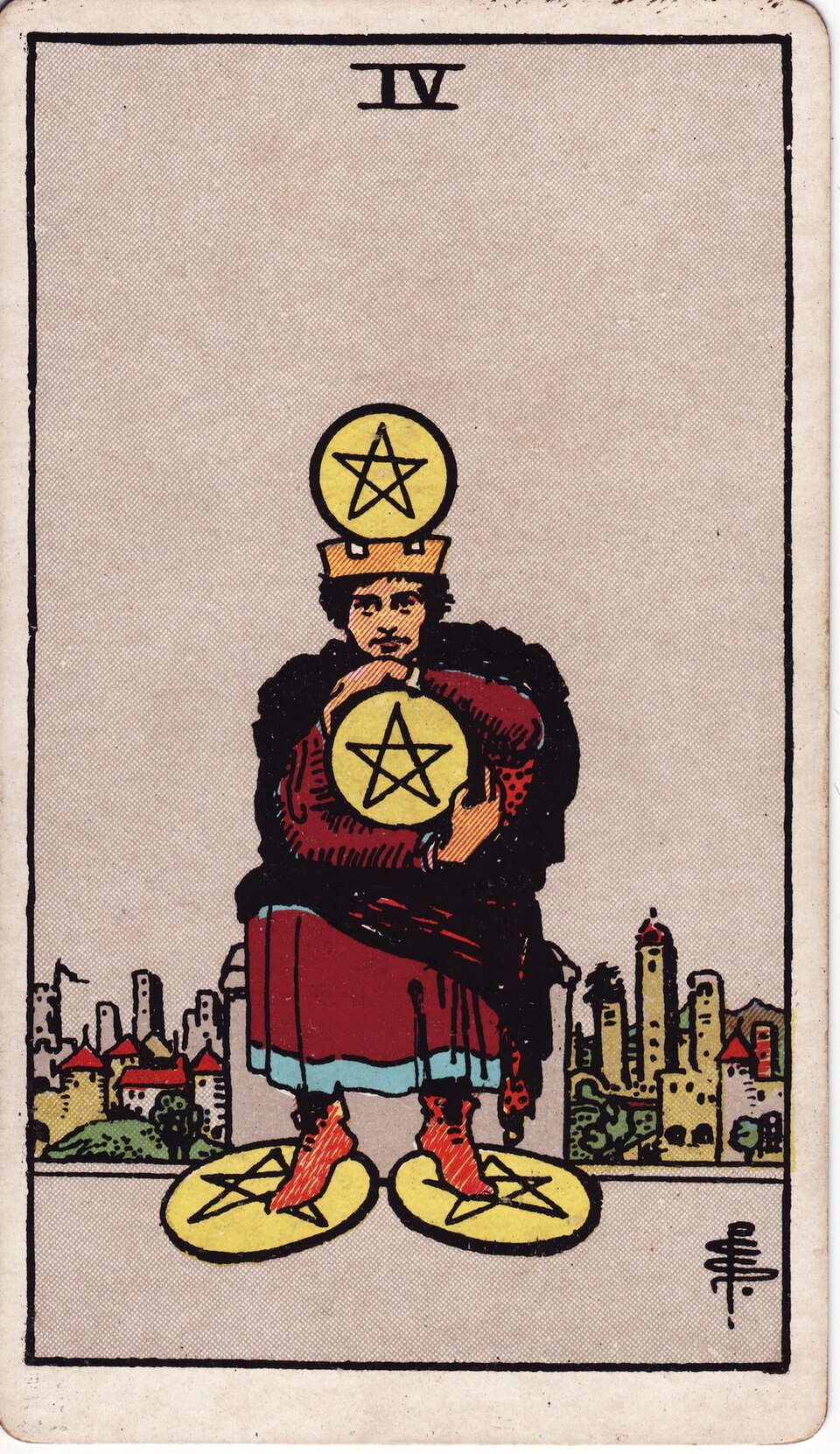 Four (4) of Pentacles, from the Rider-Waite-Smith tarot