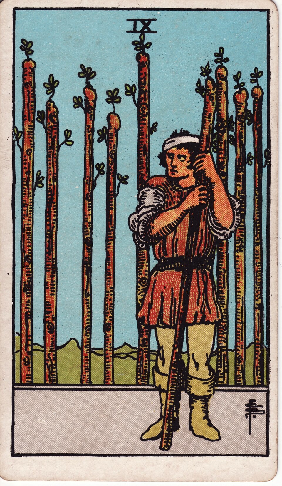 Nine (9) of Wands, from the Rider-Waite-Smith tarot